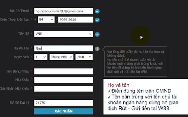 Form đăng ký tài khoản